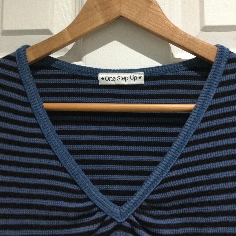 One Step Up Blue Fitted Stripes Cap Sleeve Tee - Picture 3 of 5